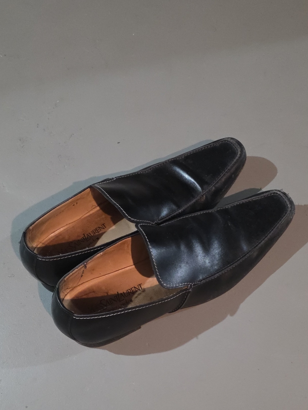 Saint Laurent Black Leather Slip-On Loafers with Tan Interior